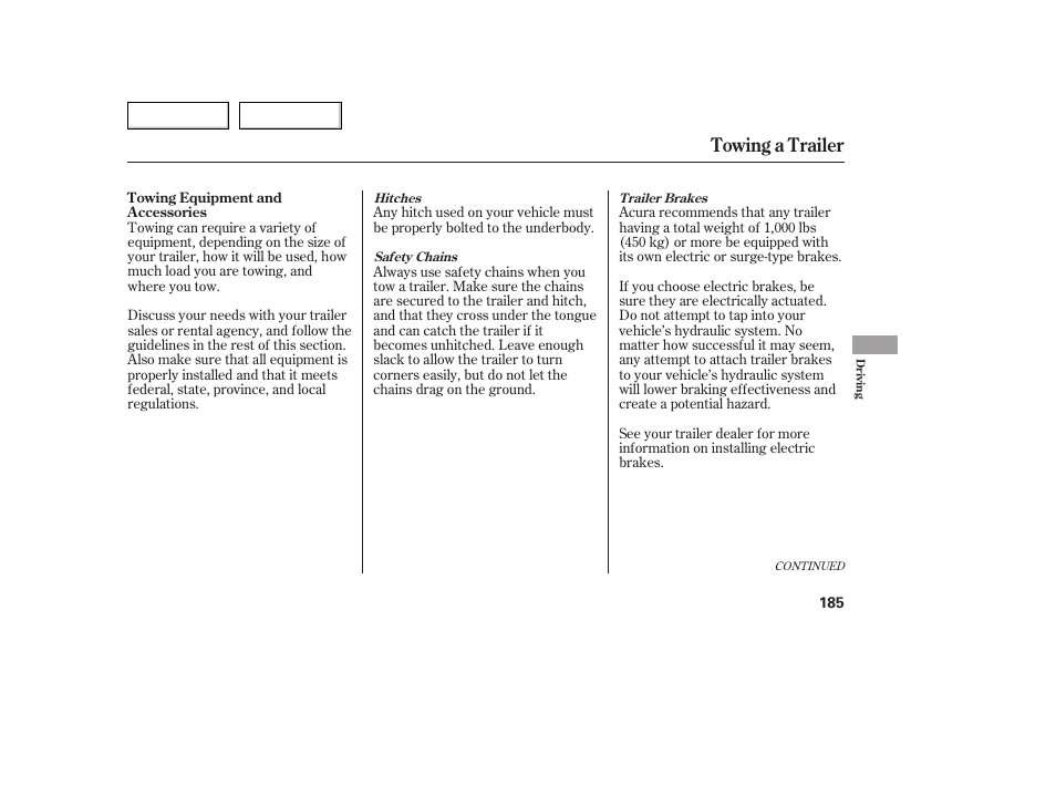 Towing a trailer | Acura 2005 TSX - Owner's Manual User Manual | Page 186 / 288