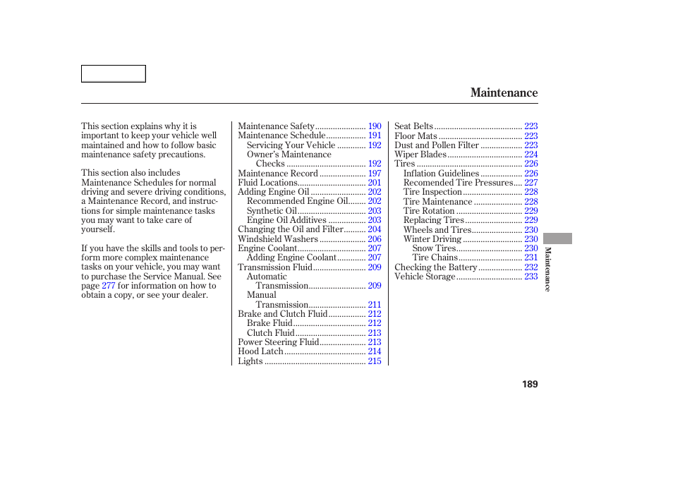 Maintenance | Acura 2005 TSX - Owner's Manual User Manual | Page 190 / 288