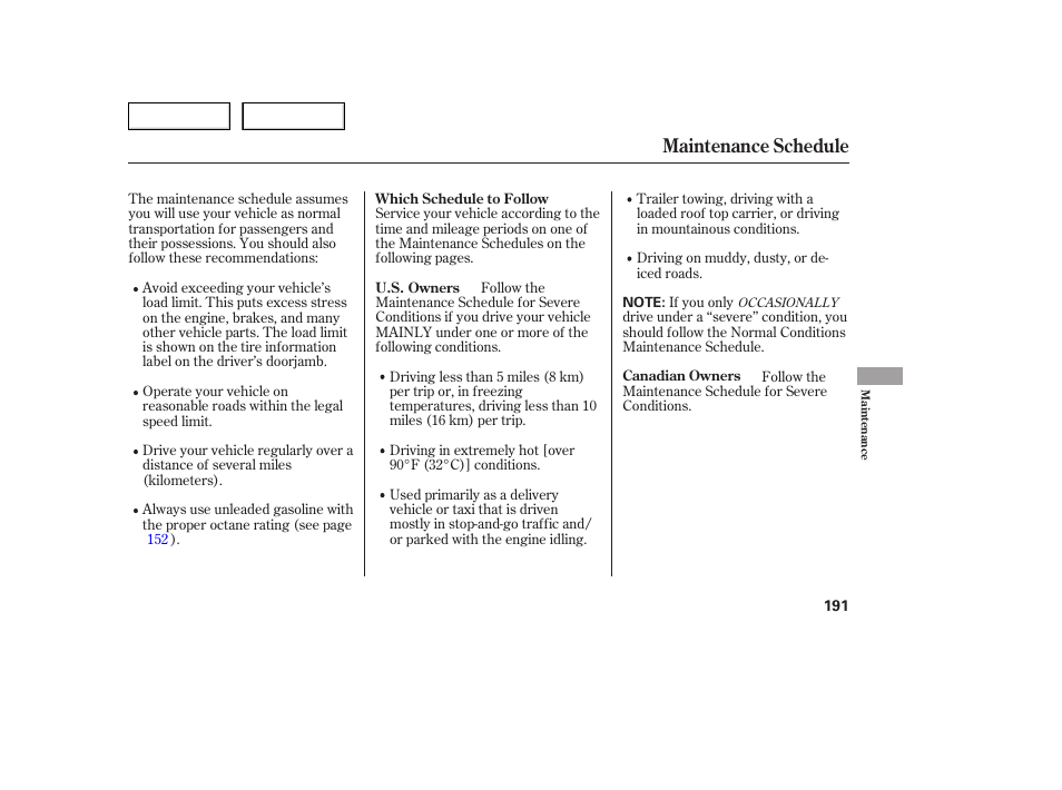 Maintenance schedule | Acura 2005 TSX - Owner's Manual User Manual | Page 192 / 288