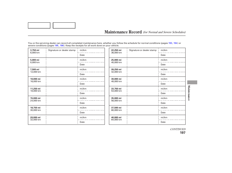 Maintenance record | Acura 2005 TSX - Owner's Manual User Manual | Page 198 / 288