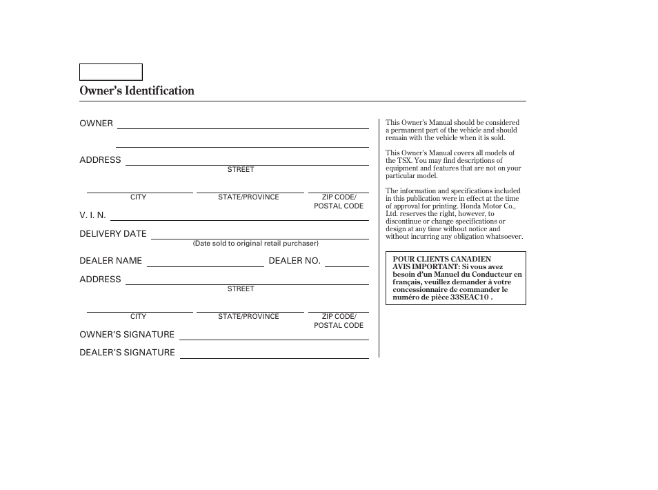 Owner's identification form, Owner’s identification | Acura 2005 TSX - Owner's Manual User Manual | Page 2 / 288