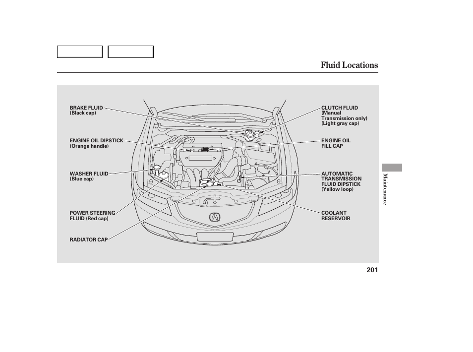 Fluid locations | Acura 2005 TSX - Owner's Manual User Manual | Page 202 / 288