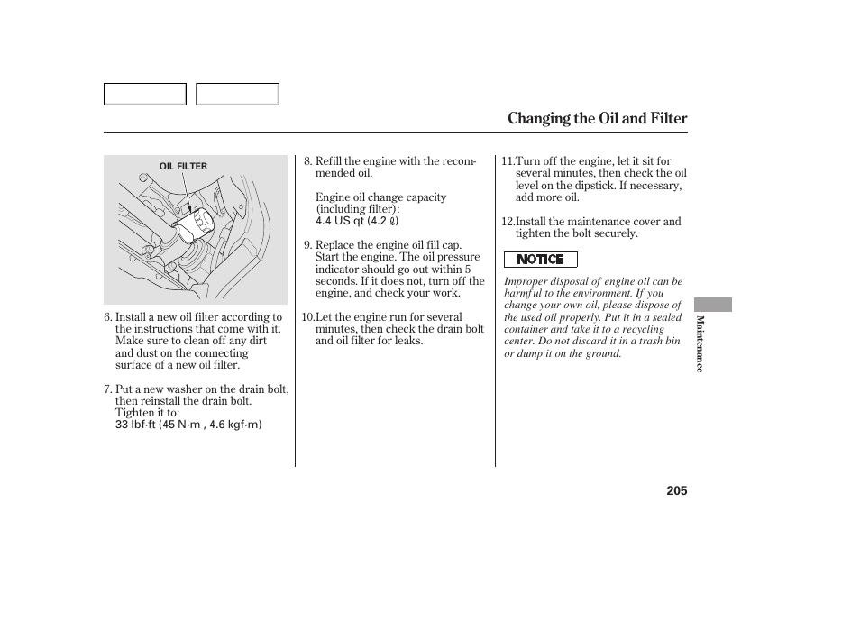 Changing the oil and filter | Acura 2005 TSX - Owner's Manual User Manual | Page 206 / 288