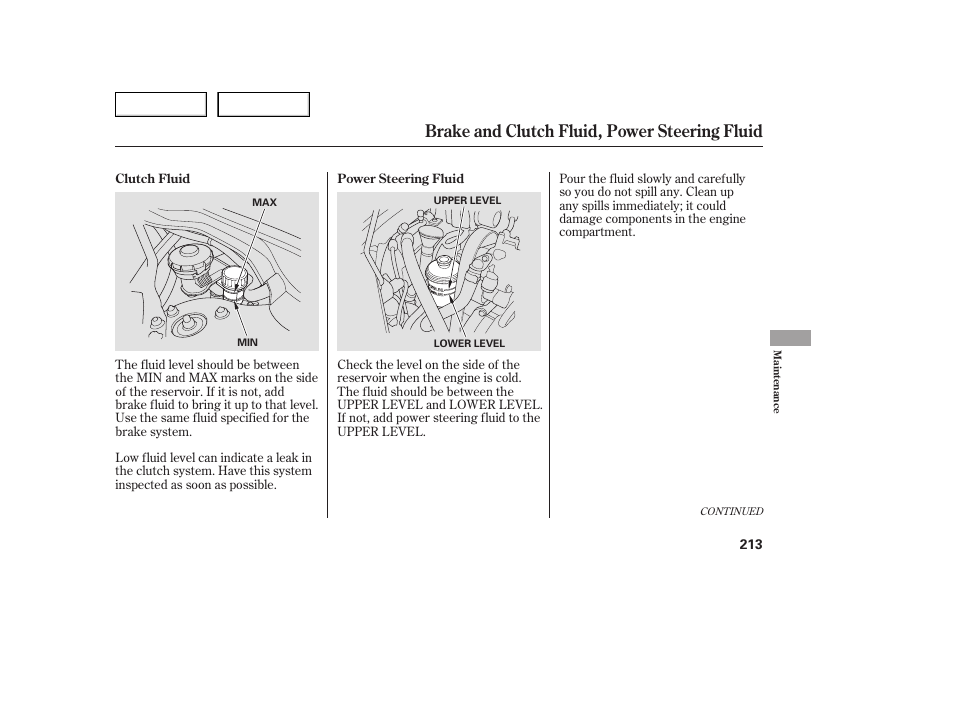 Brake and clutch fluid, power steering fluid | Acura 2005 TSX - Owner's Manual User Manual | Page 214 / 288