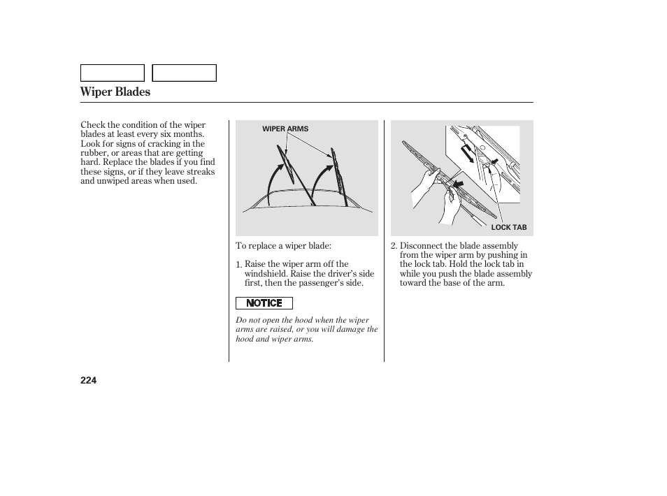 Wiper blades | Acura 2005 TSX - Owner's Manual User Manual | Page 225 / 288