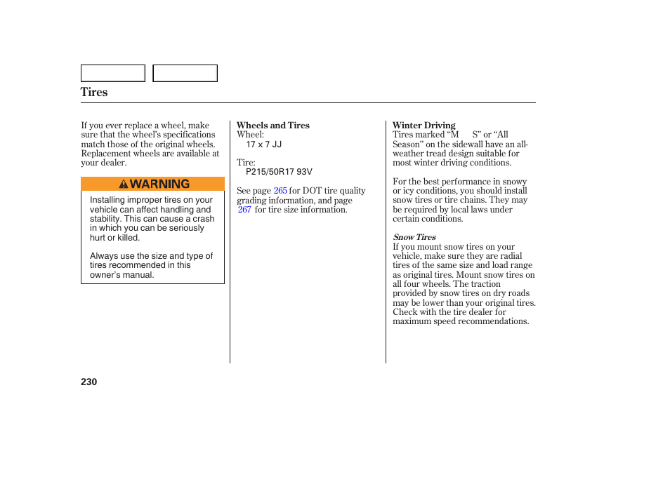 Tires | Acura 2005 TSX - Owner's Manual User Manual | Page 231 / 288
