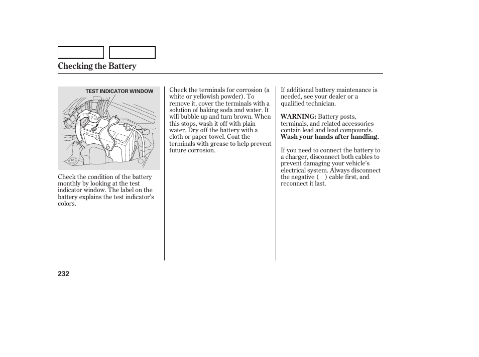 Checking the battery | Acura 2005 TSX - Owner's Manual User Manual | Page 233 / 288