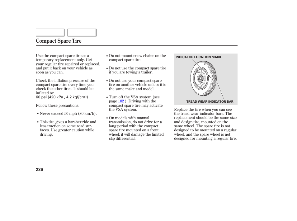 Compact spare tire | Acura 2005 TSX - Owner's Manual User Manual | Page 237 / 288