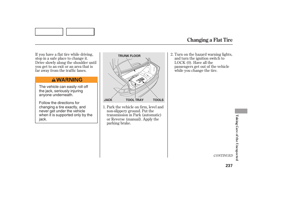 Changing a flat tire | Acura 2005 TSX - Owner's Manual User Manual | Page 238 / 288