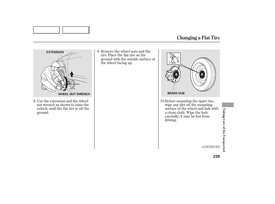 Changing a flat tire | Acura 2005 TSX - Owner's Manual User Manual | Page 240 / 288