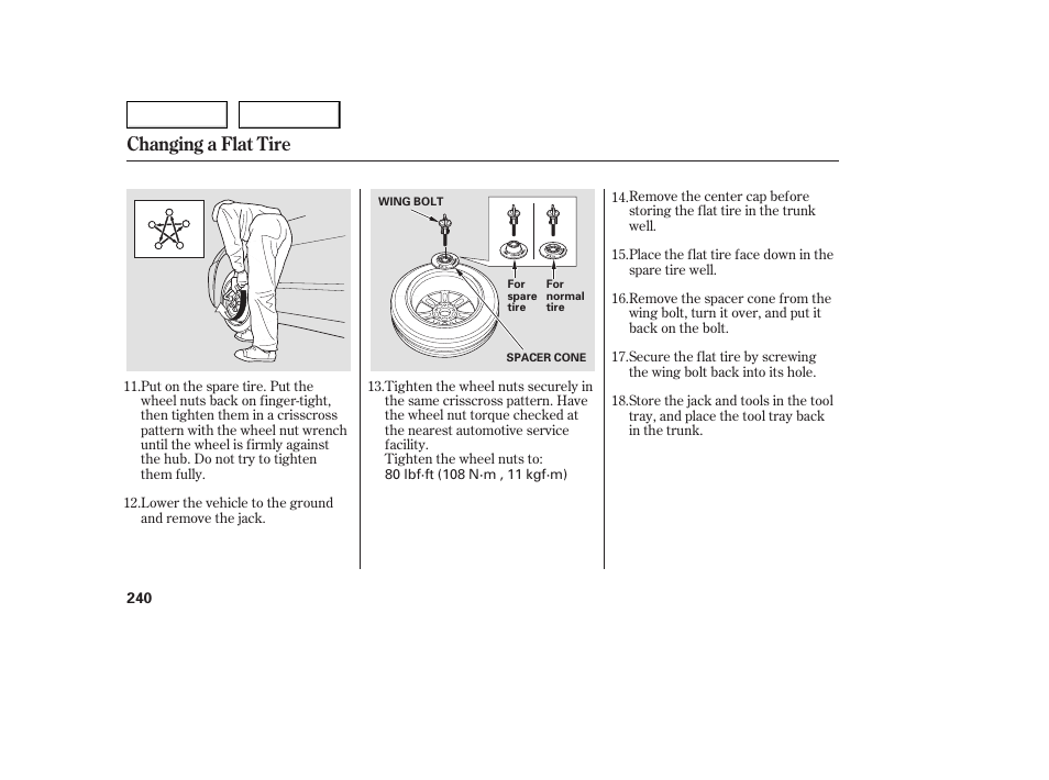 Changing a flat tire | Acura 2005 TSX - Owner's Manual User Manual | Page 241 / 288