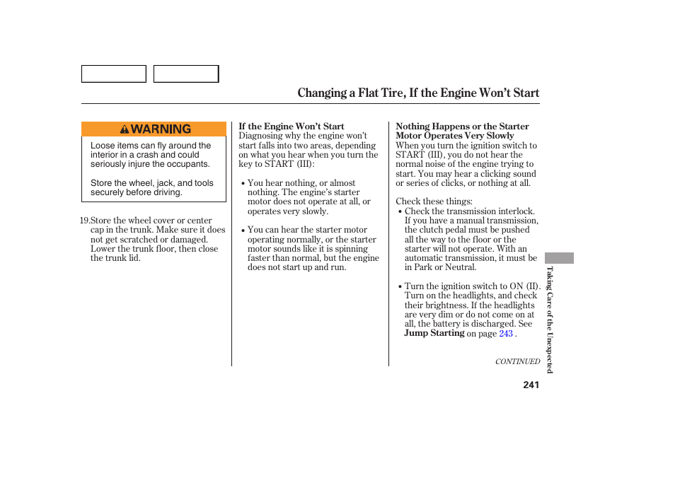 Changing a flat tire, if the engine won’t start | Acura 2005 TSX - Owner's Manual User Manual | Page 242 / 288