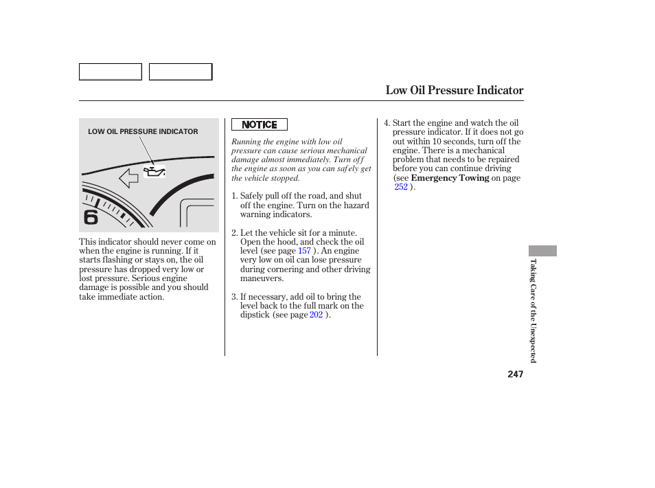 Low oil pressure indicator | Acura 2005 TSX - Owner's Manual User Manual | Page 248 / 288