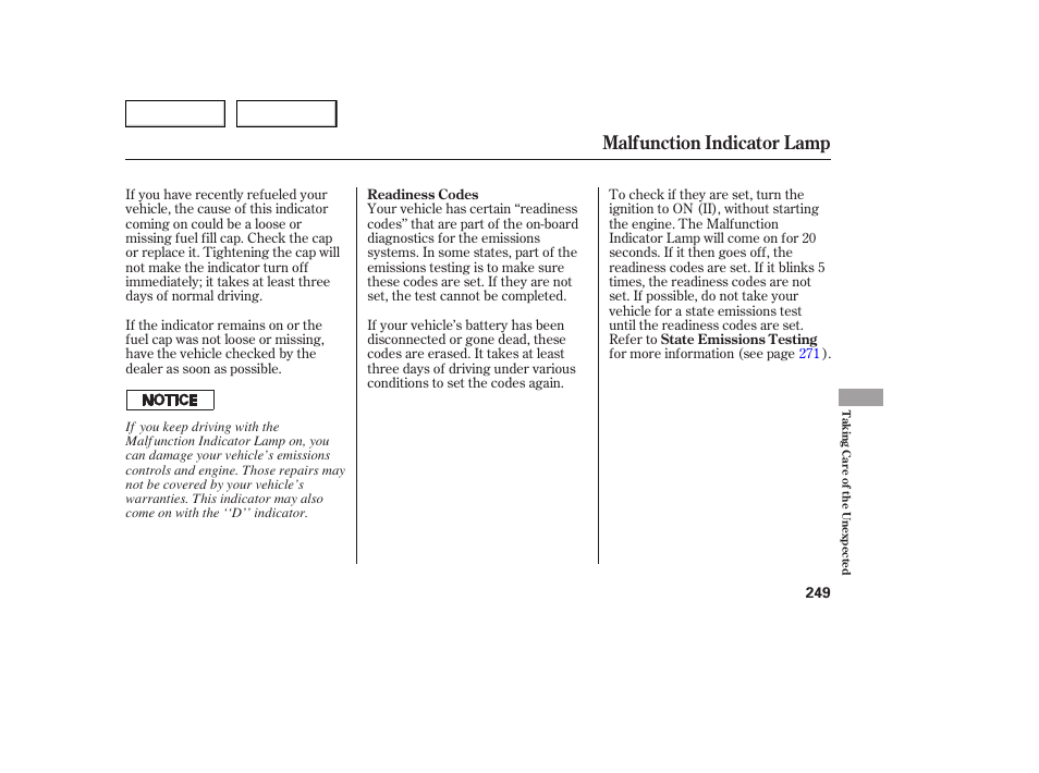 Malfunction indicator lamp | Acura 2005 TSX - Owner's Manual User Manual | Page 250 / 288