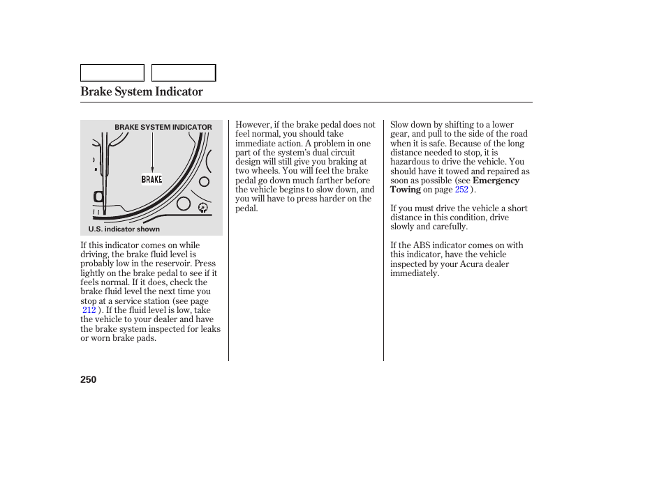 Brake system indicator | Acura 2005 TSX - Owner's Manual User Manual | Page 251 / 288