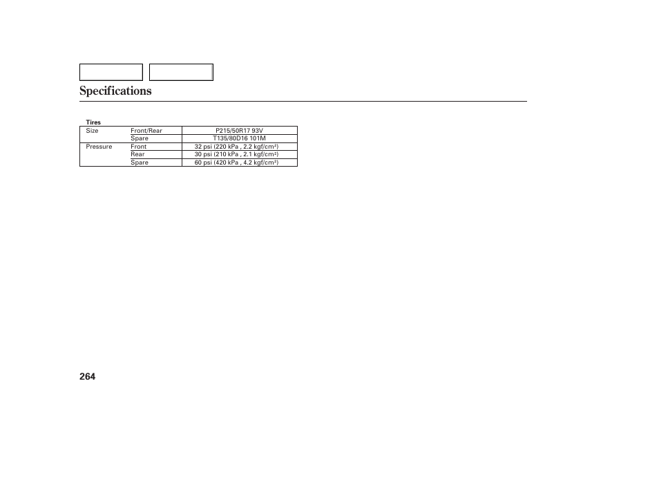 Specifications | Acura 2005 TSX - Owner's Manual User Manual | Page 265 / 288