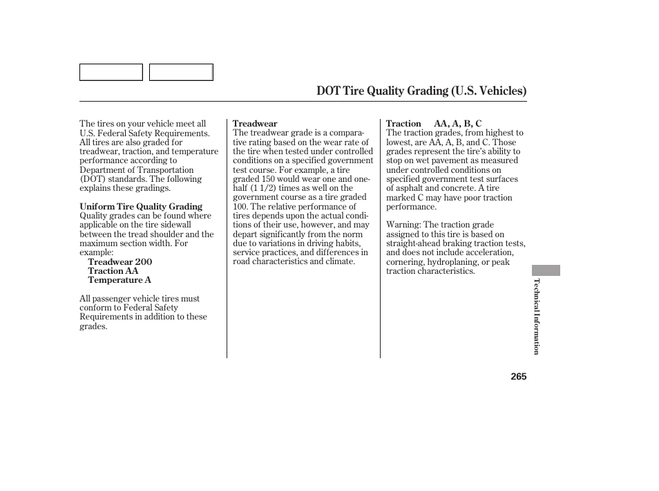 Dot tire quality grading (u.s. vehicles) | Acura 2005 TSX - Owner's Manual User Manual | Page 266 / 288