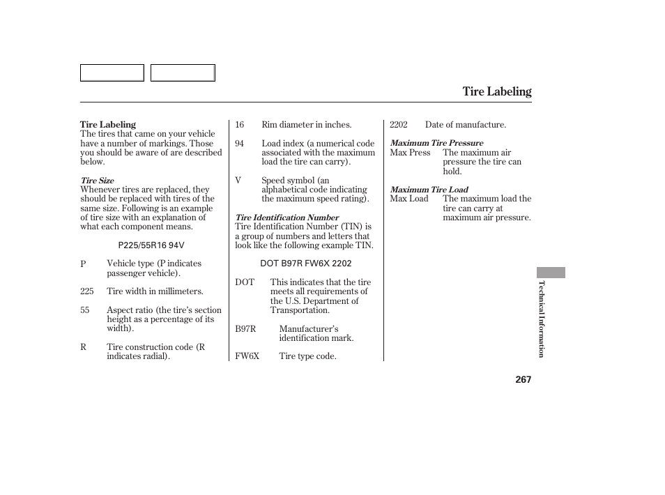 Tire labeling | Acura 2005 TSX - Owner's Manual User Manual | Page 268 / 288