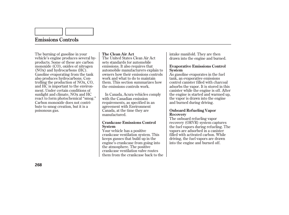 Emissions controls | Acura 2005 TSX - Owner's Manual User Manual | Page 269 / 288