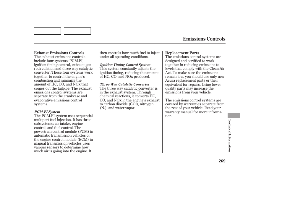 Emissions controls | Acura 2005 TSX - Owner's Manual User Manual | Page 270 / 288