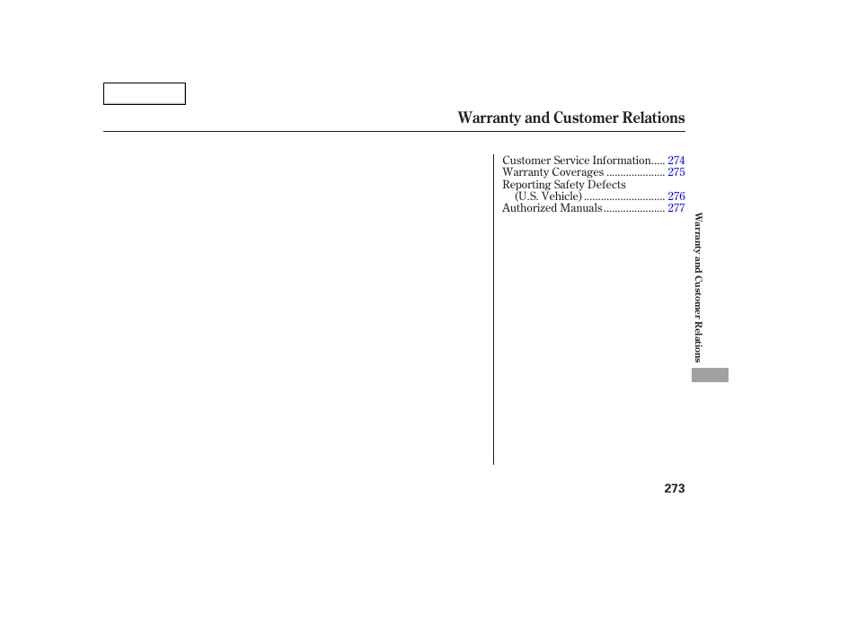 Warranty and customer relations | Acura 2005 TSX - Owner's Manual User Manual | Page 274 / 288