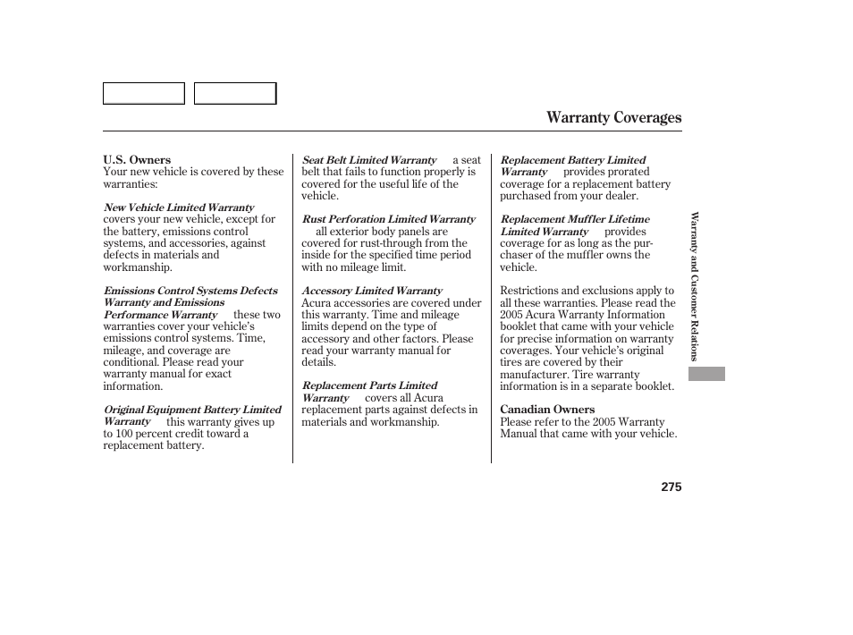 Warranty coverages | Acura 2005 TSX - Owner's Manual User Manual | Page 276 / 288