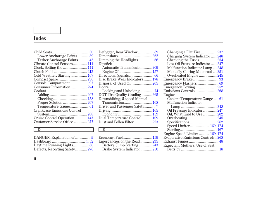 Index | Acura 2005 TSX - Owner's Manual User Manual | Page 281 / 288