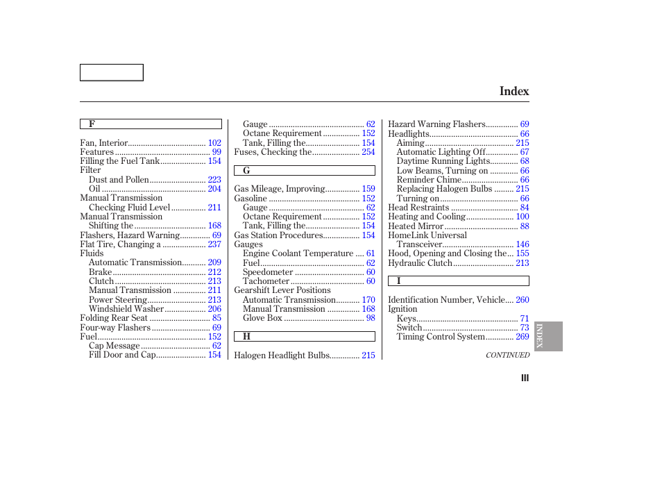 Index | Acura 2005 TSX - Owner's Manual User Manual | Page 282 / 288