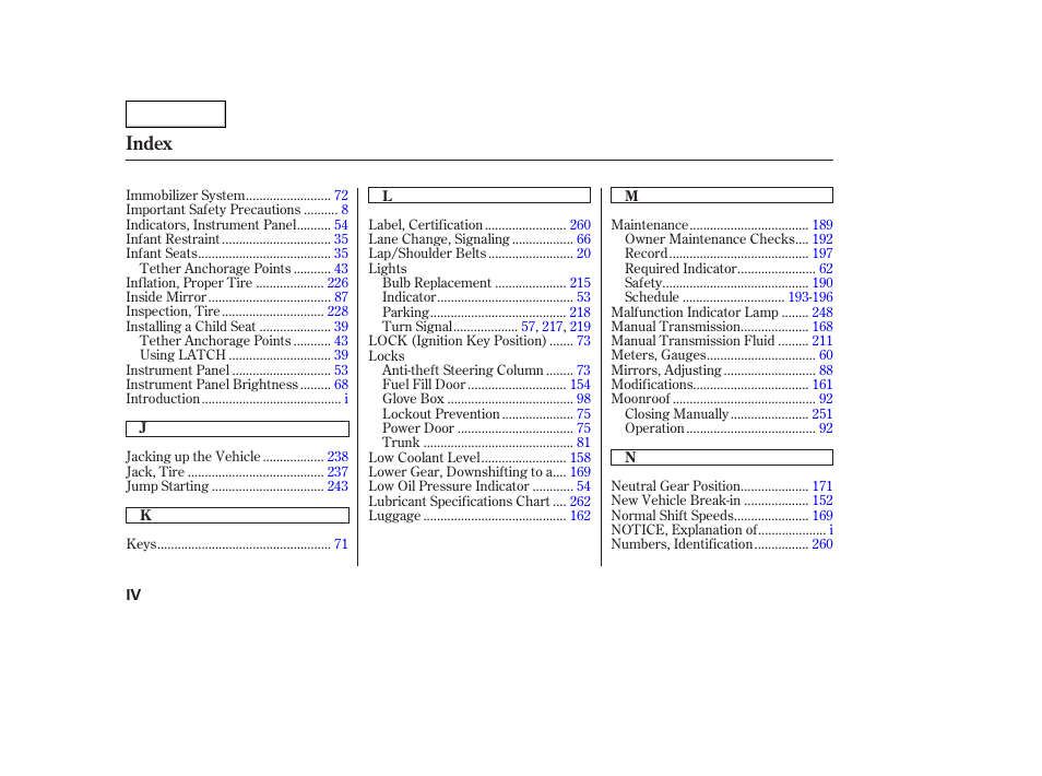 Index | Acura 2005 TSX - Owner's Manual User Manual | Page 283 / 288