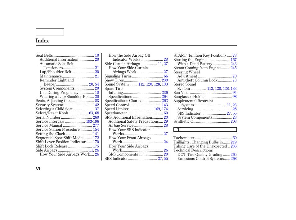 Index | Acura 2005 TSX - Owner's Manual User Manual | Page 285 / 288