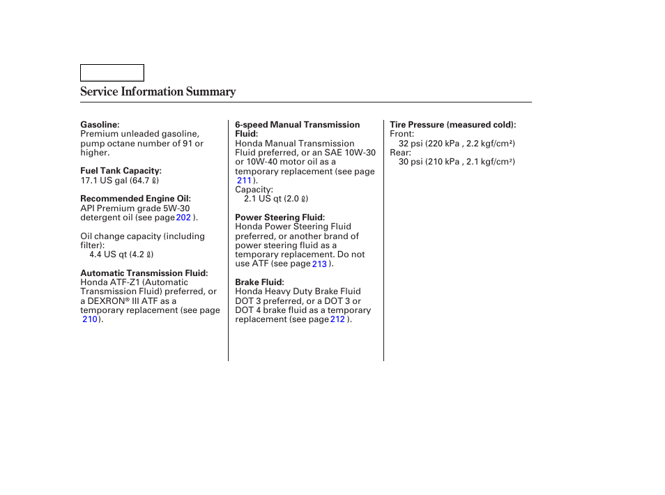 Service information summary | Acura 2005 TSX - Owner's Manual User Manual | Page 288 / 288