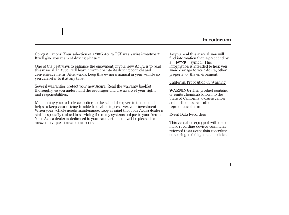 Introduction | Acura 2005 TSX - Owner's Manual User Manual | Page 3 / 288