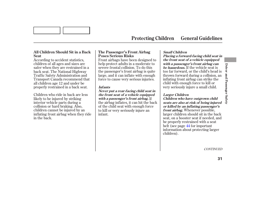 Protecting children general guidelines | Acura 2005 TSX - Owner's Manual User Manual | Page 32 / 288