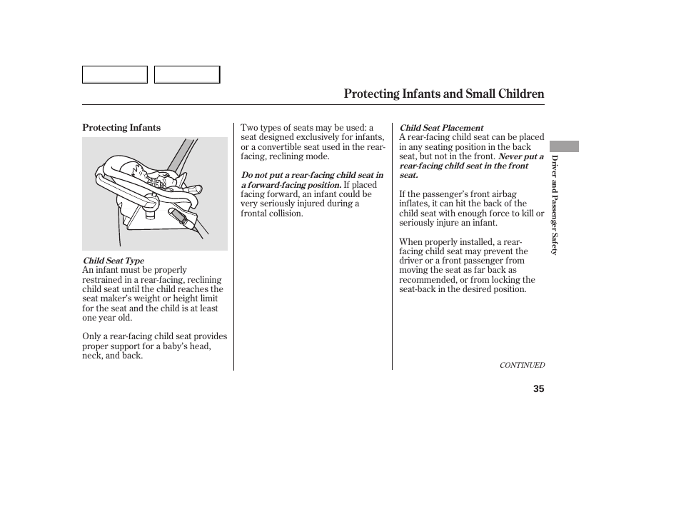 Protecting infants and small children | Acura 2005 TSX - Owner's Manual User Manual | Page 36 / 288