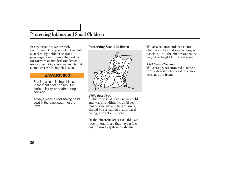 Protecting infants and small children | Acura 2005 TSX - Owner's Manual User Manual | Page 37 / 288