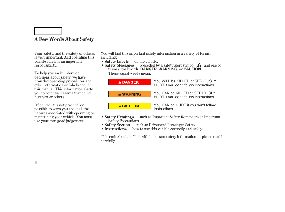 A few words about safety | Acura 2005 TSX - Owner's Manual User Manual | Page 4 / 288