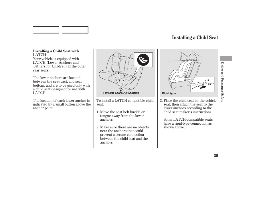 Installing a child seat | Acura 2005 TSX - Owner's Manual User Manual | Page 40 / 288