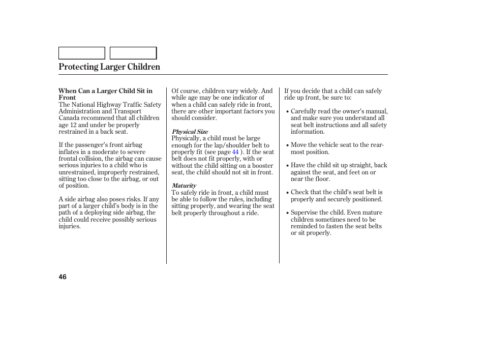 Protecting larger children | Acura 2005 TSX - Owner's Manual User Manual | Page 47 / 288