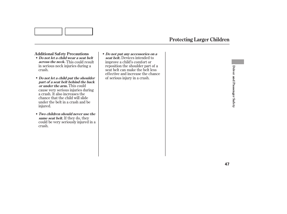 Protecting larger children | Acura 2005 TSX - Owner's Manual User Manual | Page 48 / 288