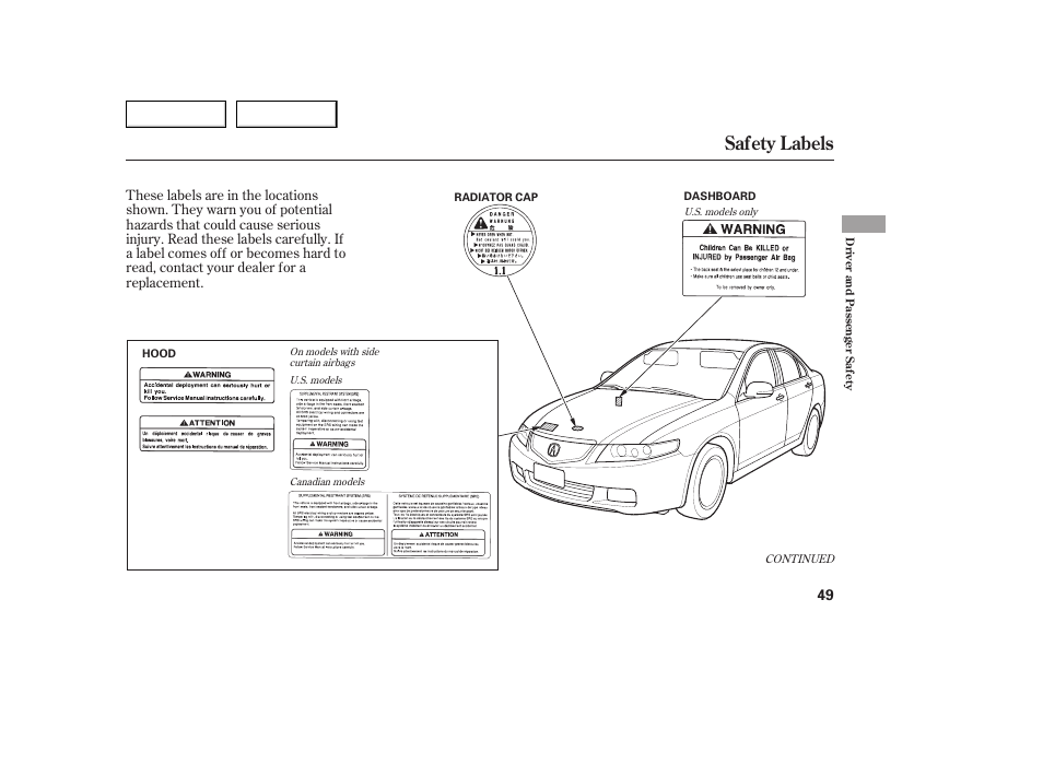 Safety labels | Acura 2005 TSX - Owner's Manual User Manual | Page 50 / 288