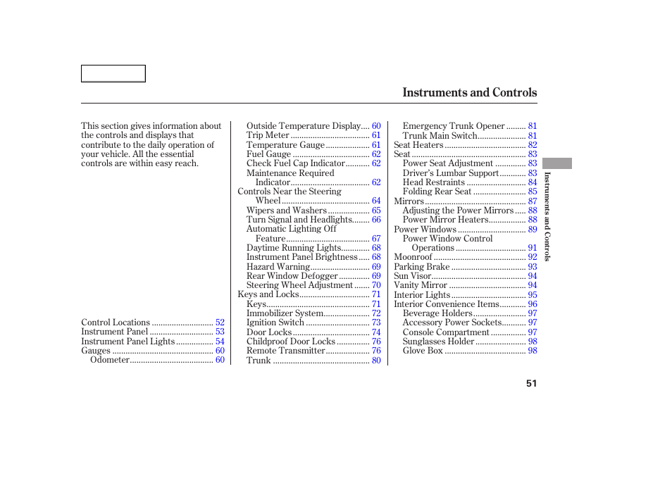 Instruments and controls | Acura 2005 TSX - Owner's Manual User Manual | Page 52 / 288