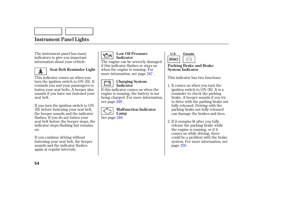 Instrument panel lights | Acura 2005 TSX - Owner's Manual User Manual | Page 55 / 288