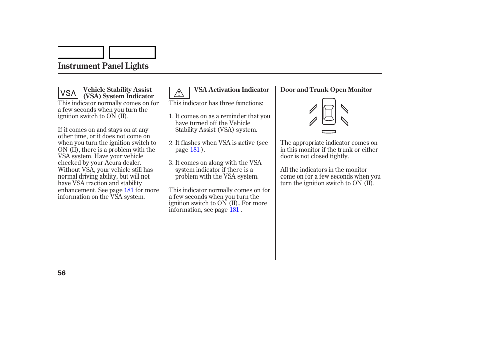 Instrument panel lights | Acura 2005 TSX - Owner's Manual User Manual | Page 57 / 288