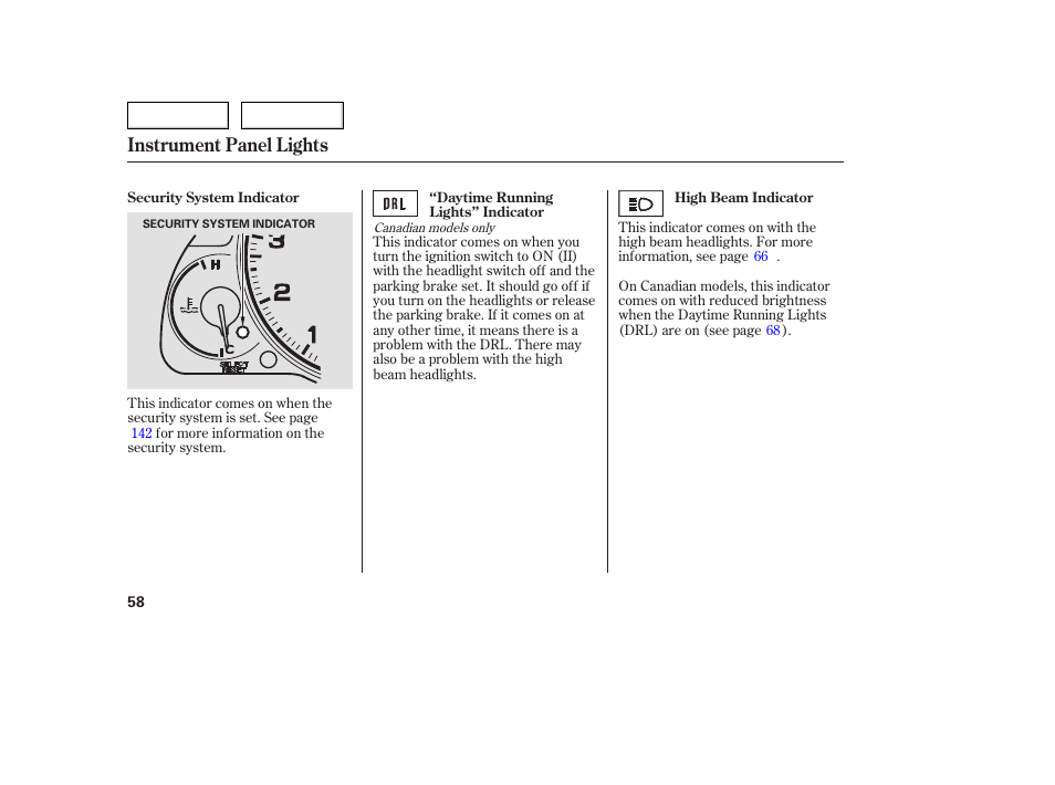Instrument panel lights | Acura 2005 TSX - Owner's Manual User Manual | Page 59 / 288
