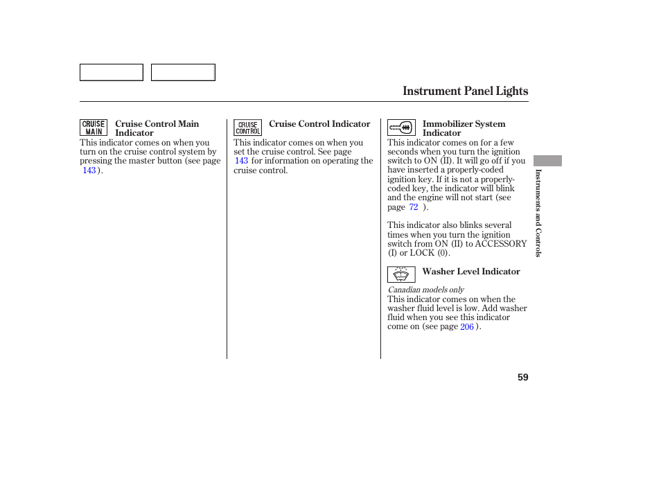 Instrument panel lights | Acura 2005 TSX - Owner's Manual User Manual | Page 60 / 288