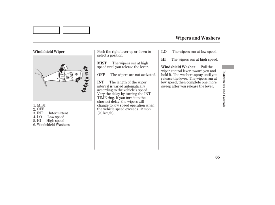 Wipers and washers | Acura 2005 TSX - Owner's Manual User Manual | Page 66 / 288