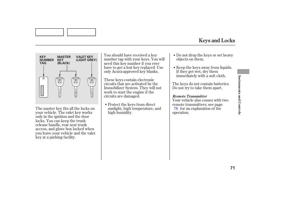 Keys and locks | Acura 2005 TSX - Owner's Manual User Manual | Page 72 / 288