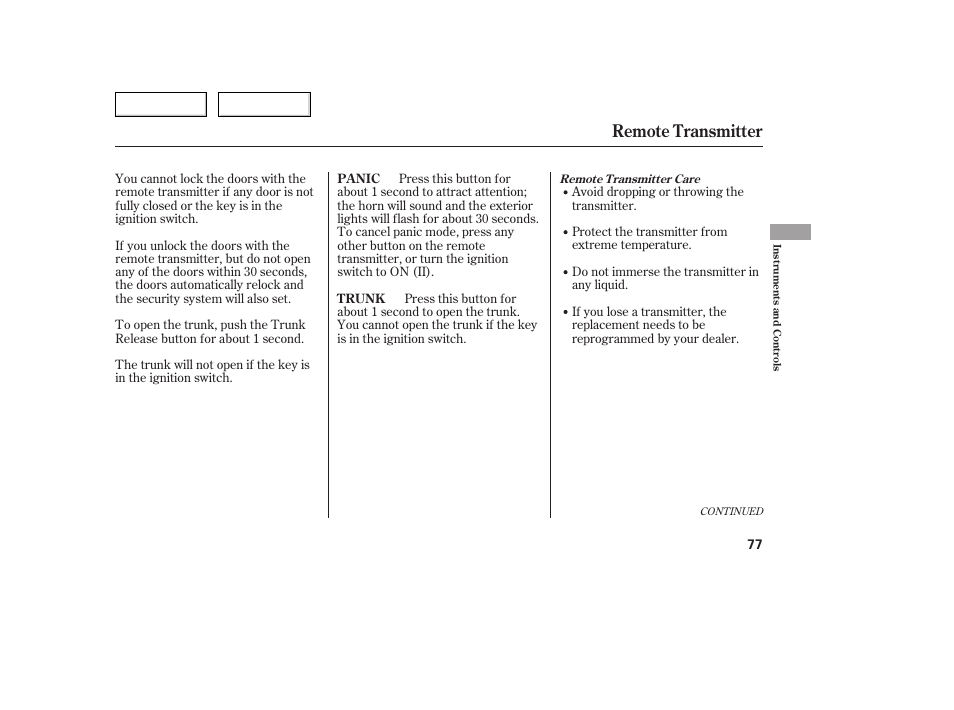 Remote transmitter | Acura 2005 TSX - Owner's Manual User Manual | Page 78 / 288