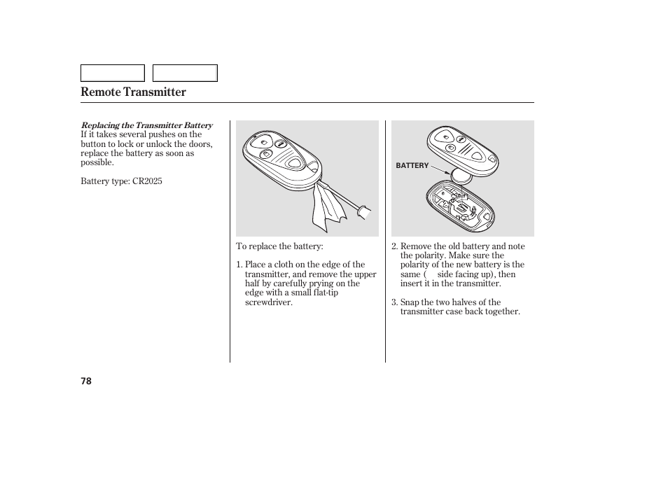 Remote transmitter | Acura 2005 TSX - Owner's Manual User Manual | Page 79 / 288