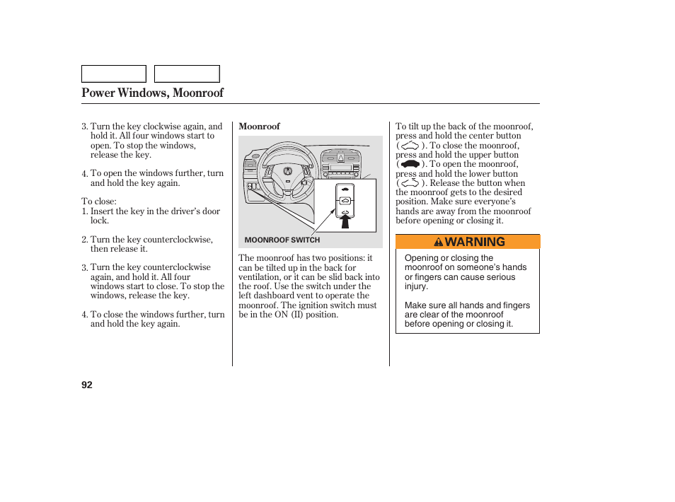 Power windows, moonroof | Acura 2005 TSX - Owner's Manual User Manual | Page 93 / 288